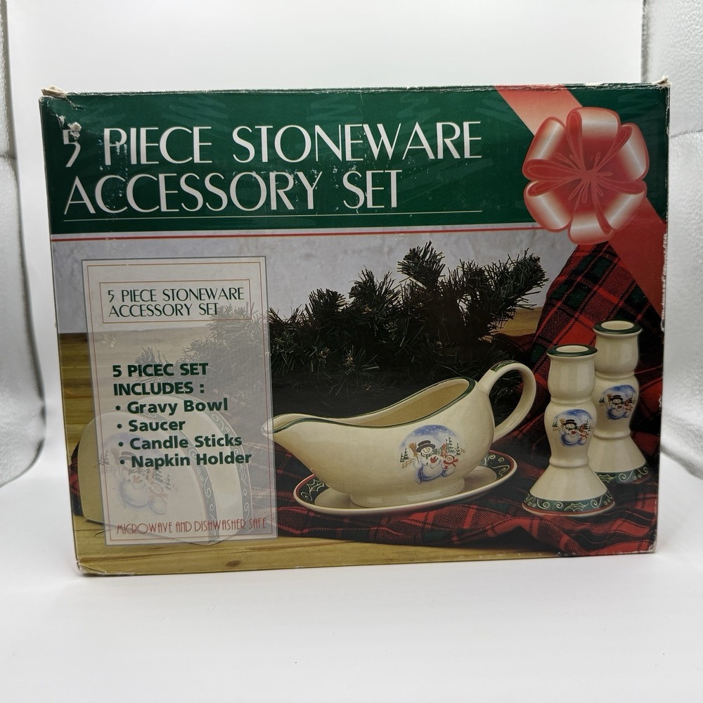 Royal Seasons 5 Piece Stoneware Accessory Set Christmas Holiday Snowmen Green